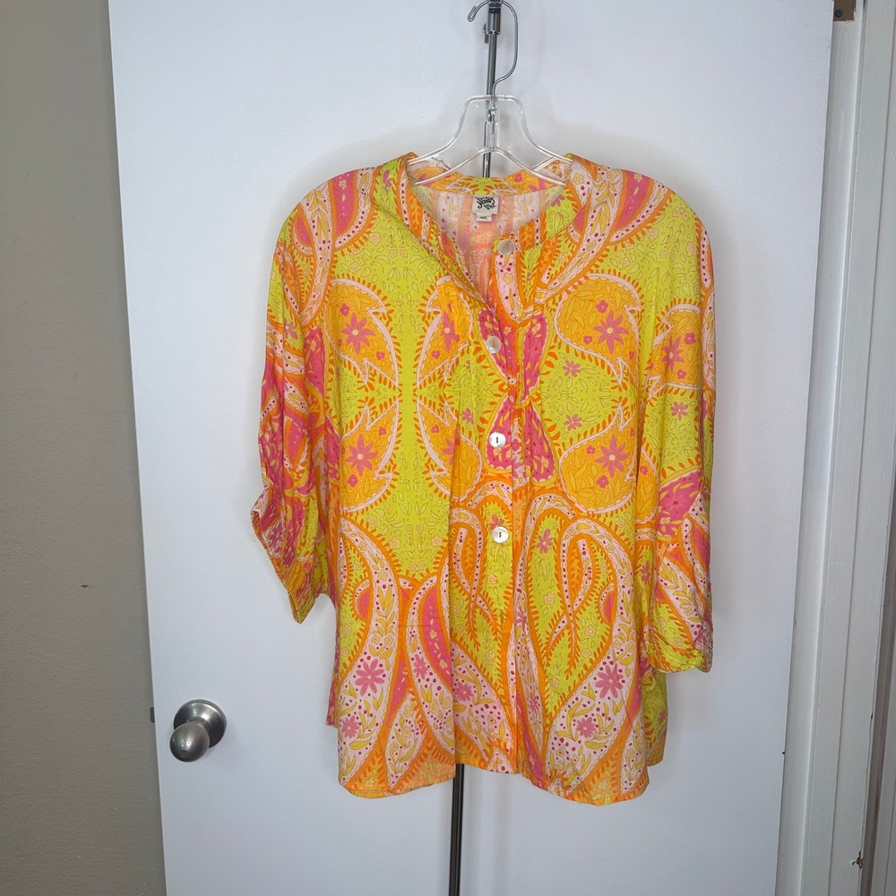Ivy Jane Womens Paisley Cotton Button Up Blouse Orange Yellow Pink  M/L